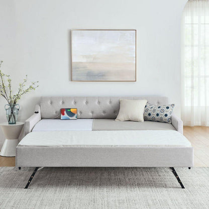 Twin Size Upholstery DayBed with Twin Size Erectable Trundle and USB Charging Design, Linen Beige