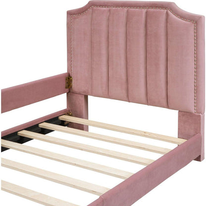Twin Size Upholstered Daybed with Classic Stripe Shaped Headboard, Pink