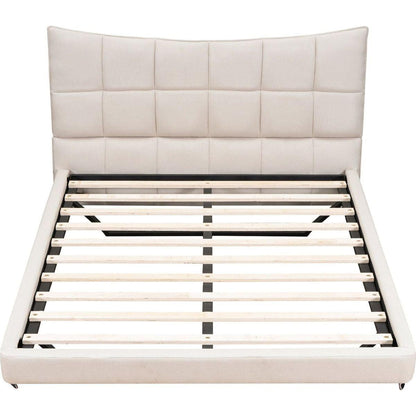 Full Size Upholstered Platform Bed with LED Lights,USB Ports and Outlets,Linen Fabric,Beige