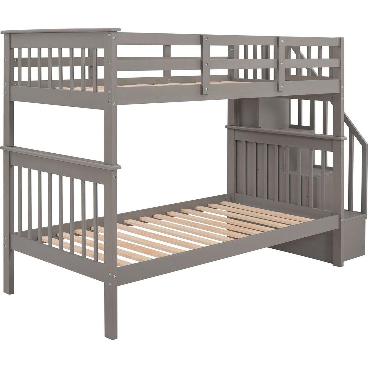 Stairway Twin-Over-Twin Bunk Bed with Storage and Guard Rail for Bedroom, Dorm, Gray color