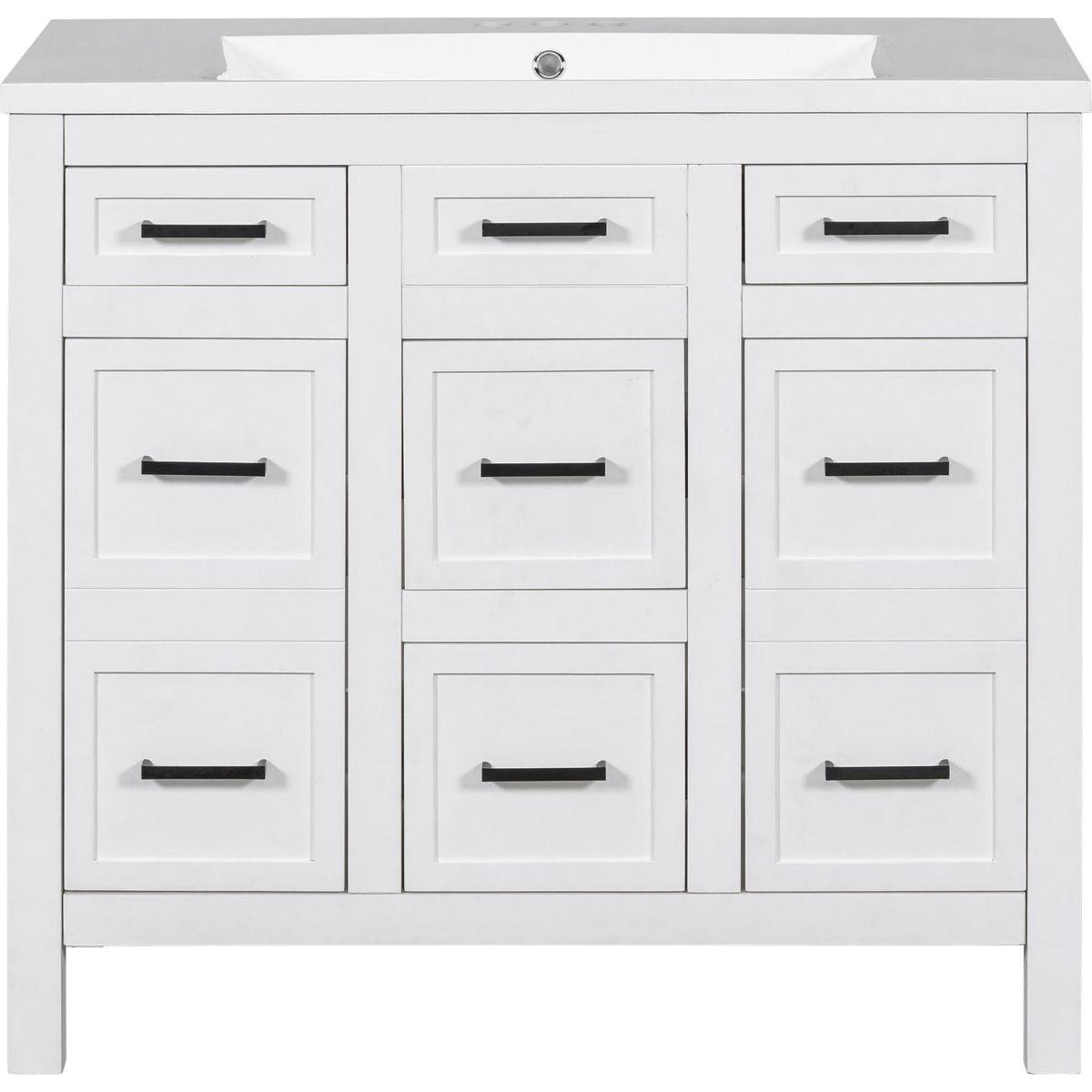 36" Bathroom Vanity Cabinet with Resin Integrated Sink - 4 Drawers, 2 Doors