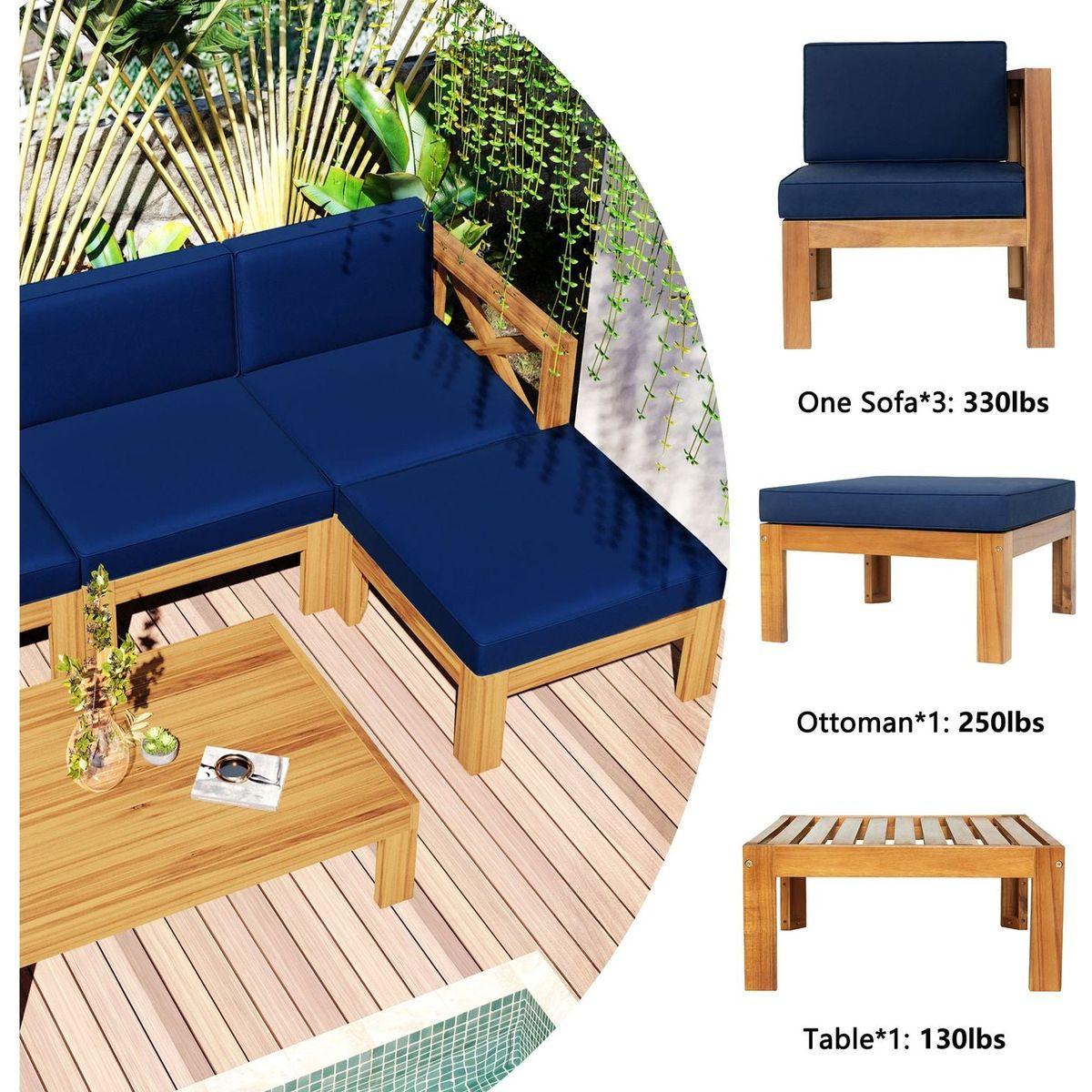 Outdoor Backyard Patio Wood 5-Piece Sectional Sofa Seating Group Set with Cushions, Natural Finish+ Blue Cushions