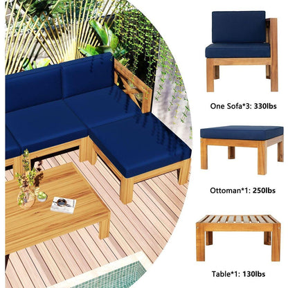 Outdoor Backyard Patio Wood 5-Piece Sectional Sofa Seating Group Set with Cushions, Natural Finish+ Blue Cushions