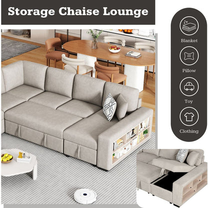 109" U-shaped Sectional Sofa Pull-out Sofa Bed with Two USB Ports, a Storage Chaise Lounge and Four Back Pillows for Living Room, Beige