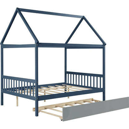 NAVY BLUE HOUSE FULL BED WITH TRUNDLE OF GREY COLOR