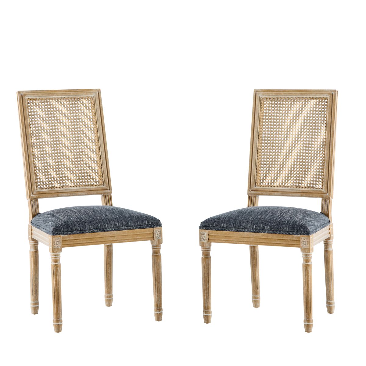 Vintage Inspired French Country Dining Chairs Set of 2 with Cane Backrest & Upholstered Seats in Rustic Weathered Finish