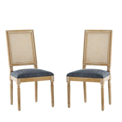 Vintage Inspired French Country Dining Chairs Set of 2 with Cane Backrest & Upholstered Seats in Rustic Weathered Finish
