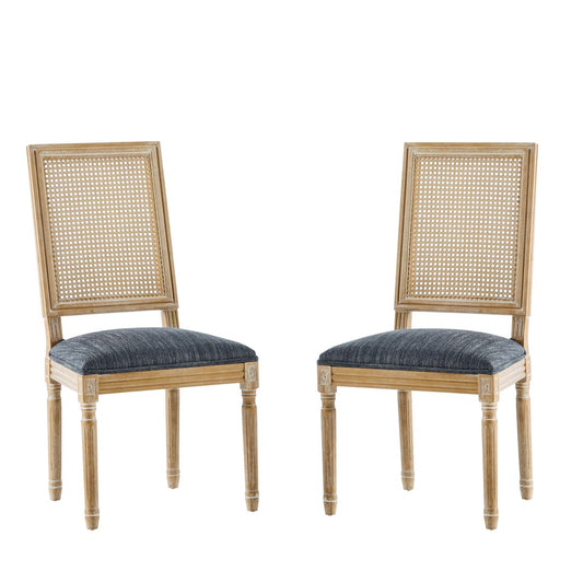 Vintage Inspired French Country Dining Chairs Set of 2 with Cane Backrest & Upholstered Seats in Rustic Weathered Finish