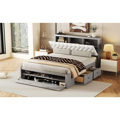 Wood Queen Size Platform Bed with Storage Headboard, shoe rack and 4 drawers,Gray
