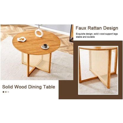 Chinese countryside retro solid wood round table, simple modern imitation rattan table, wooden table, desk. Suitable for dining room, living room, office
