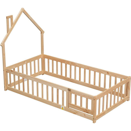 Twin House-Shaped Headboard Floor Bed with Fence ,Natural