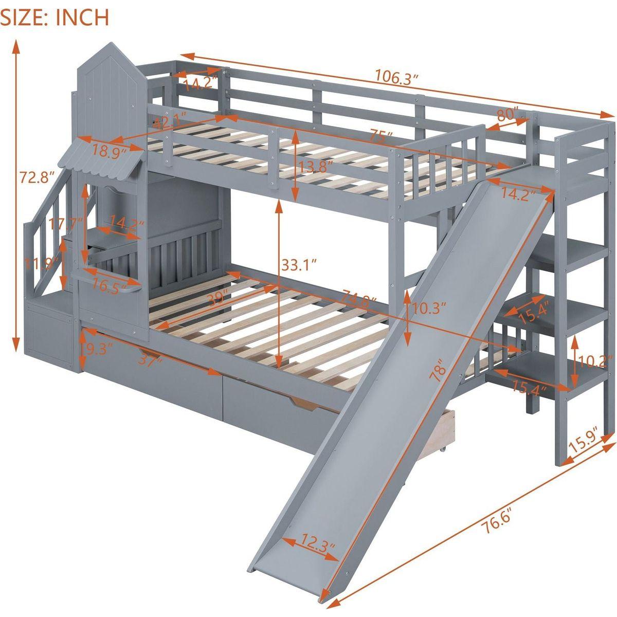 Twin-Over-Twin Castle Style Bunk Bed with 2 Drawers 3 Shelves and Slide - Gray