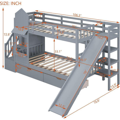Twin-Over-Twin Castle Style Bunk Bed with 2 Drawers 3 Shelves and Slide - Gray
