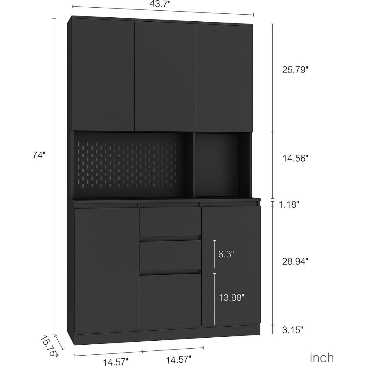 74" Freestanding Kitchen Pantry Cabinet Cupboard with 6 Doors,3 Shelves and 2 Drawer,Versatile Wardrobe & Kitchen Cabinet,Craft Storage Cabinet,Laundry Room Storage for Bedroom Kitchen (Black)