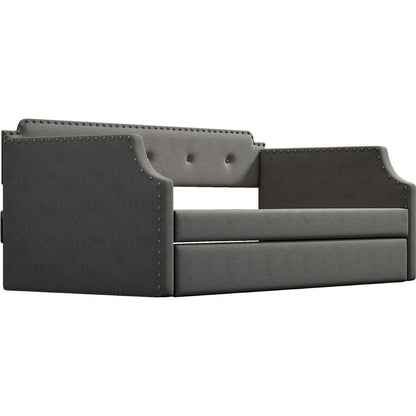 Upholstered Daybed with Trundle, Wood Slat Support,Upholstered Frame Sofa Bed, Twin,Gray