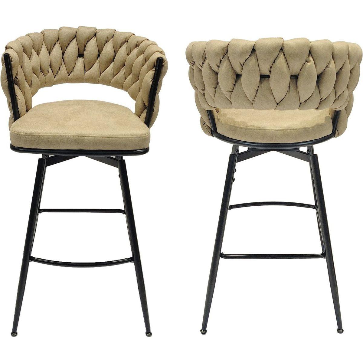 Technical Leather Woven Bar Stool Set of 2,Black legs Barstools No Adjustable Kitchen Island Chairs,360 Swivel Bar Stools Upholstered Counter Stool Arm Chairs with Back Footrest, (Light Brown)