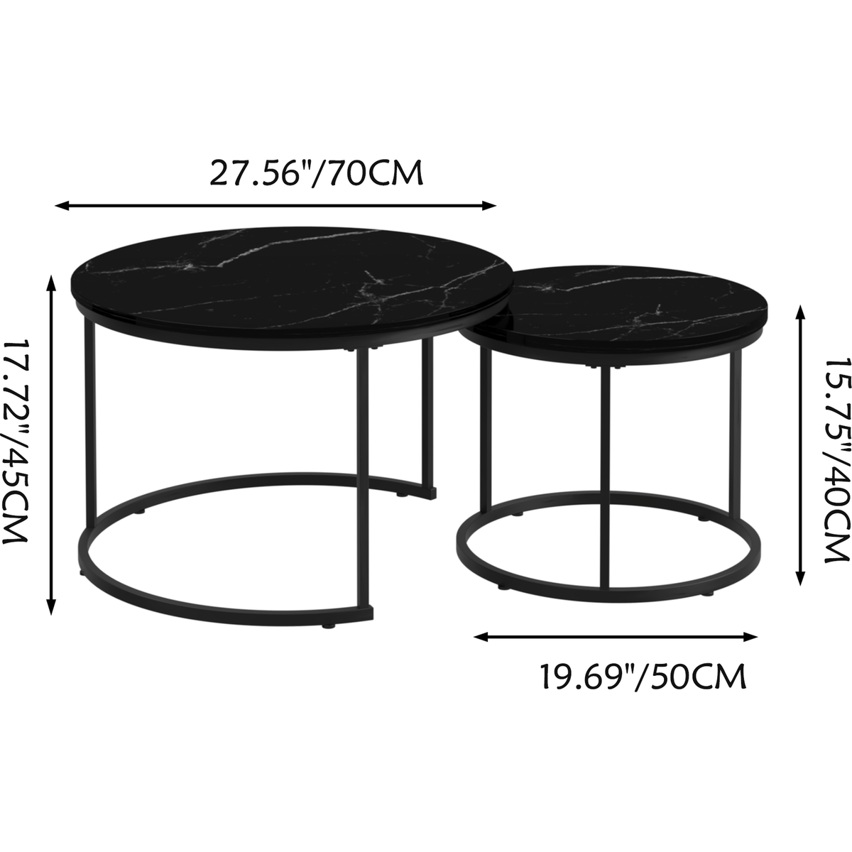 Nesting Coffee Table Set of 2, 27.6inch Round Coffee Table Wood Marble Pattern Top with Sturdy Metal Frame, End Table Side Tables for Living Room Bedroom Balcony Yard (Black)