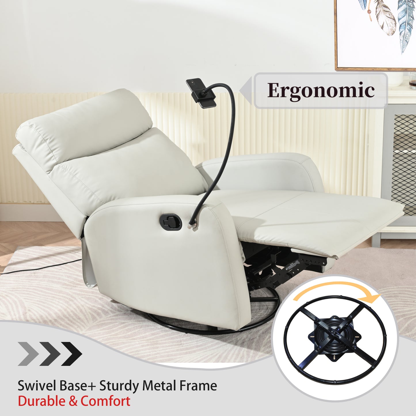 Rocking Recliner Chair,360 Degree Swivel Nursery Rocking Chair,Glider Chair,Modern Small Rocking Swivel Recliner Chair for Bedroom,Living Room Chair Home Theater Seat,Phone Holder(Light Gray)