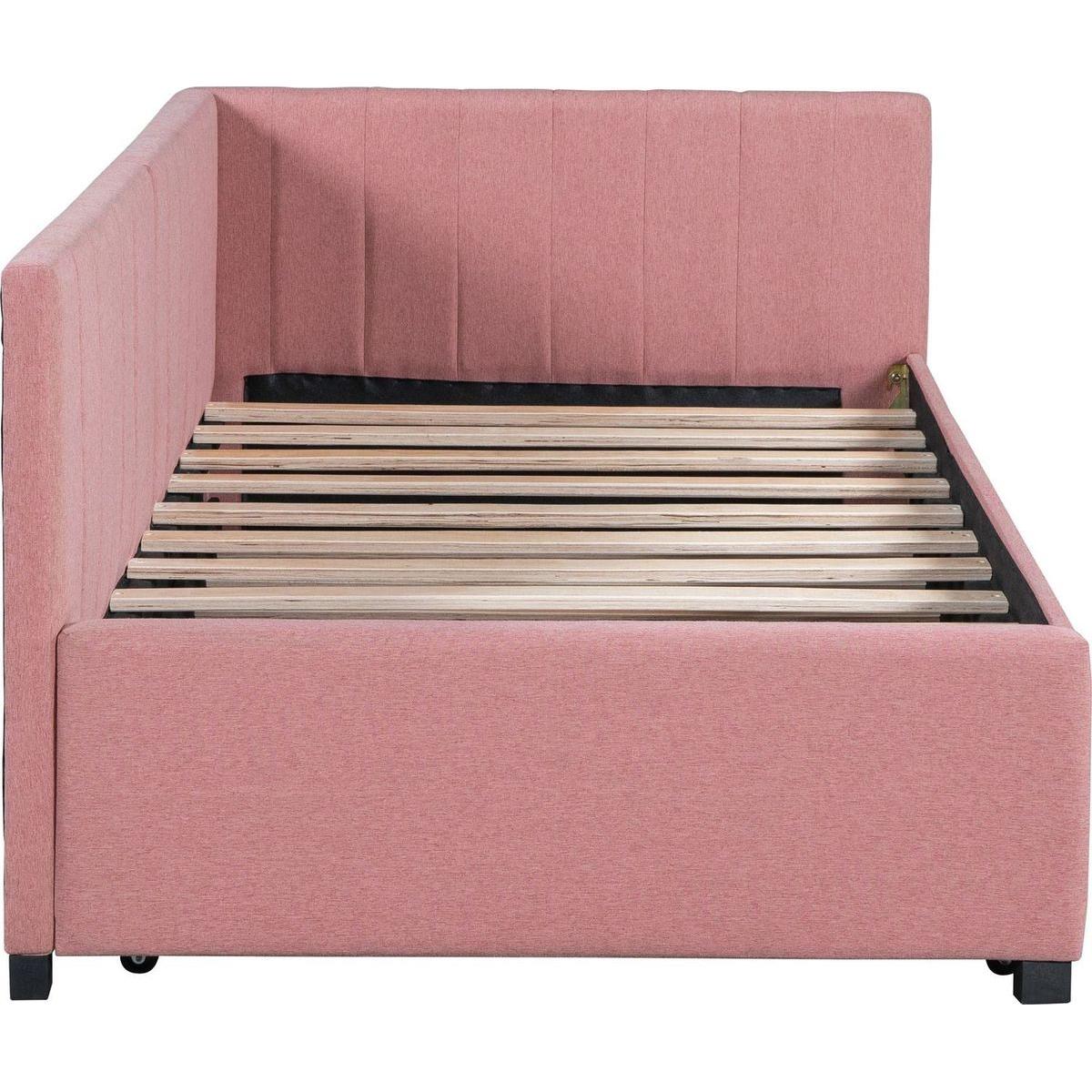 Upholstered Daybed with Trundle Twin Size Sofa Bed Frame No Box Spring Needed, Linen Fabric(Pink)