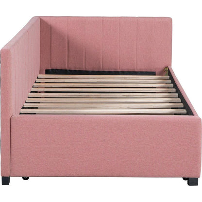 Upholstered Daybed with Trundle Twin Size Sofa Bed Frame No Box Spring Needed, Linen Fabric(Pink)