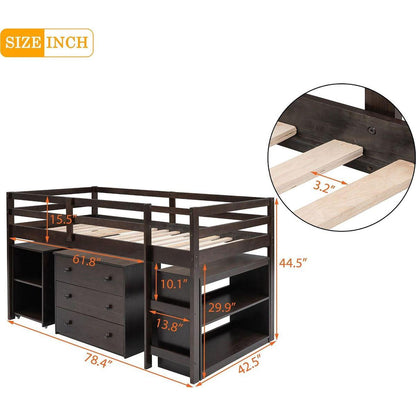 Low Study Twin Loft Bed with Cabinet and Rolling Portable Desk - Espresso