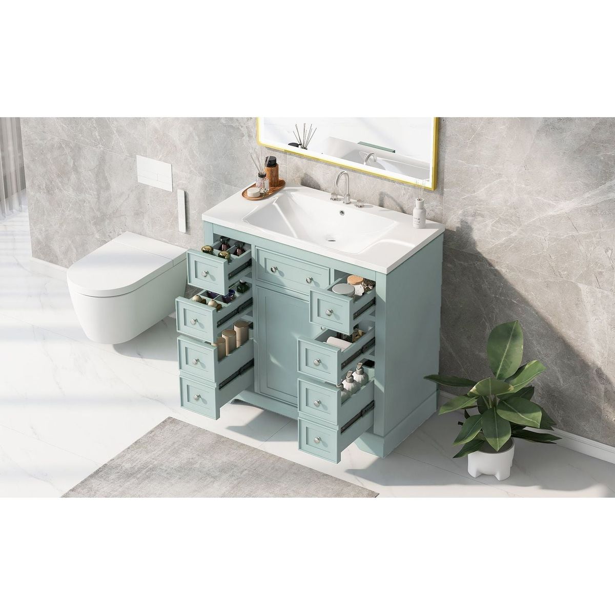 36" Bathroom Vanity with Sink Combo, One Cabinet and Six Drawers, Solid Wood and MDF Board, Green