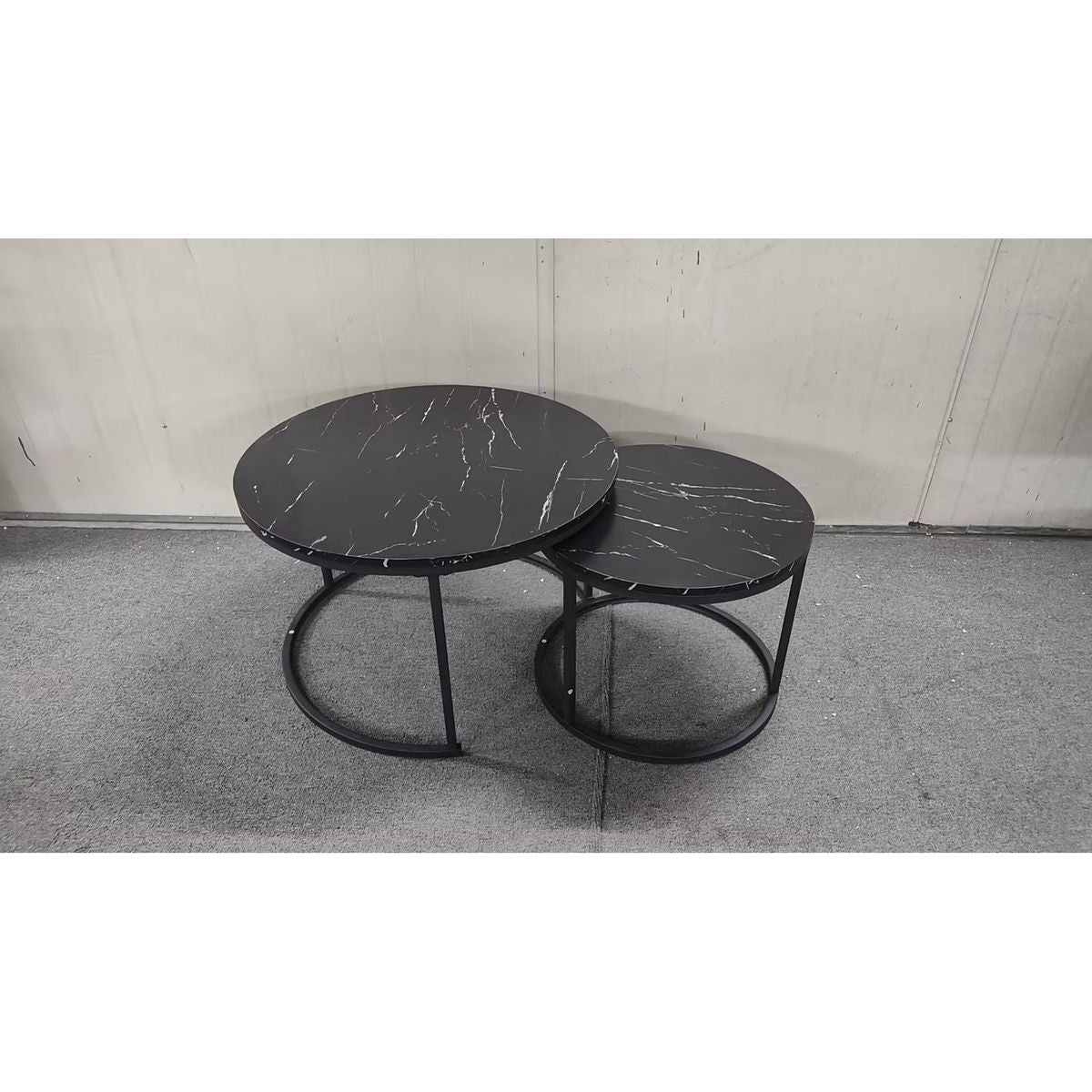 Nesting Coffee Table Set of 2, 27.6inch Round Coffee Table Wood Marble Pattern Top with Sturdy Metal Frame, End Table Side Tables for Living Room Bedroom Balcony Yard (Black)