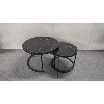 Nesting Coffee Table Set of 2, 27.6inch Round Coffee Table Wood Marble Pattern Top with Sturdy Metal Frame, End Table Side Tables for Living Room Bedroom Balcony Yard (Black)