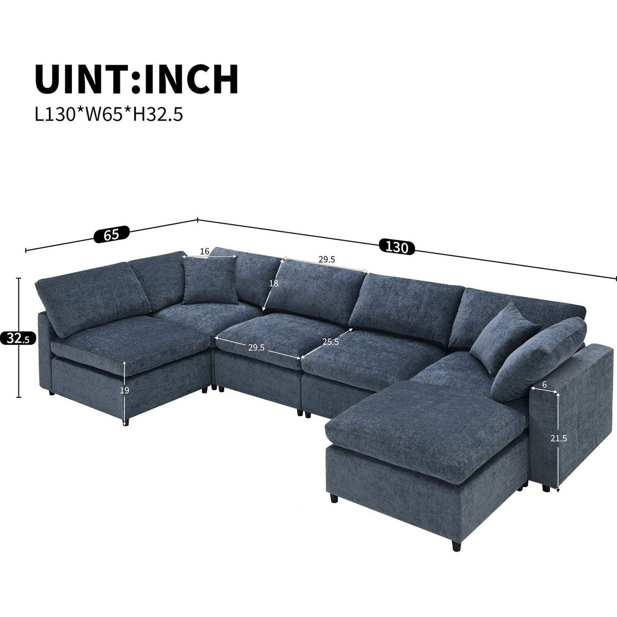 130x65" Modern Modular Cloud Sofa Bed, 6 Seat Chenille Sectional Couch Set with Ottoman,Free Combination,Convertible U Shaped Sleeper Sofa for Living Room, Apartment, 3 Colors