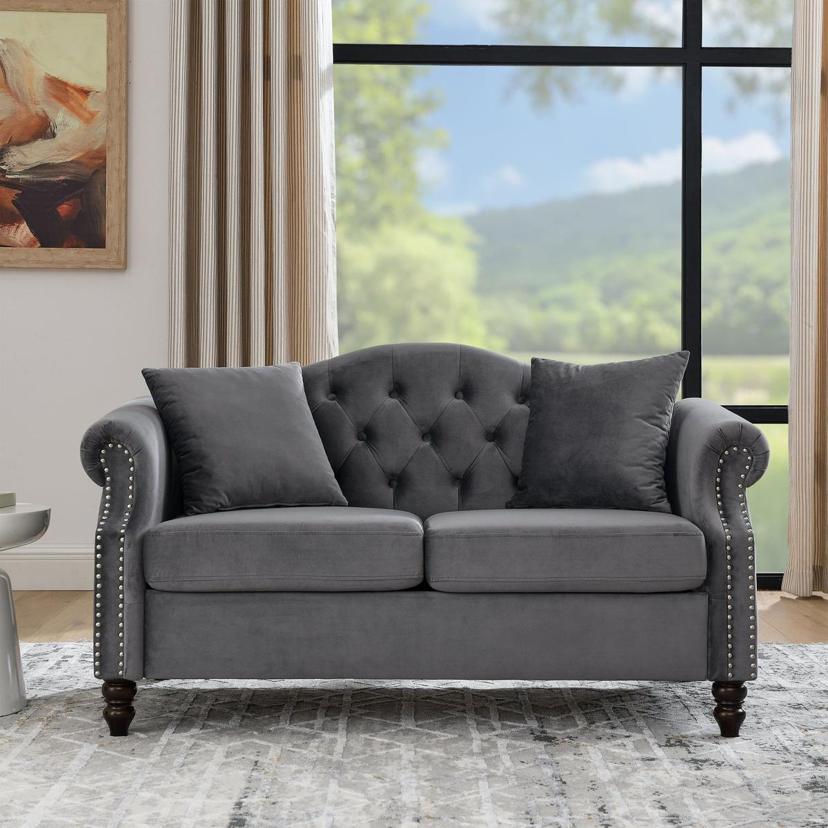 57" Chesterfield Sofa Grey Velvet for Living Room, 2 Seater Sofa Tufted Couch with Rolled Arms and Nailhead for Living Room, Bedroom, Office, Apartment, two pillows