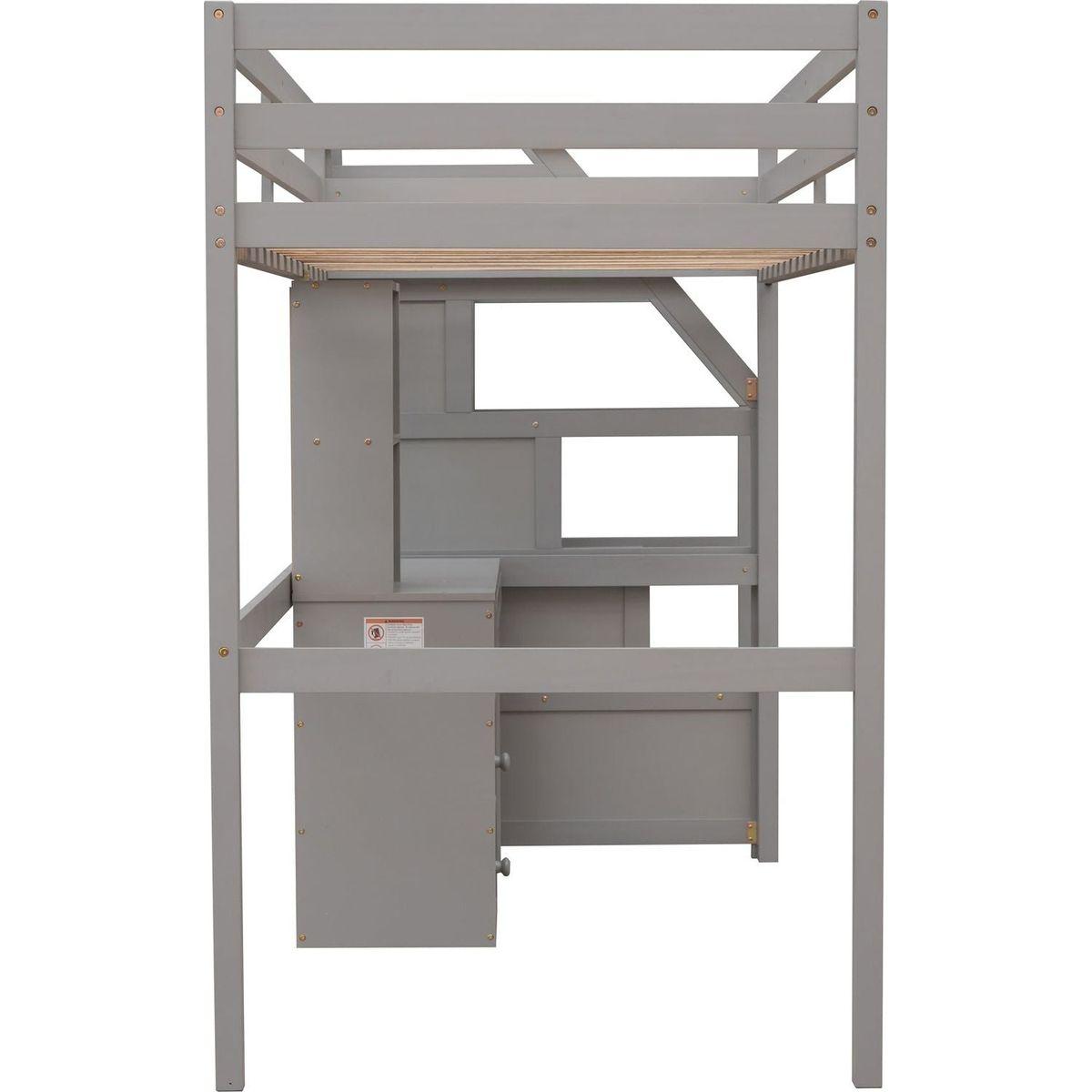 Twin Size Loft Bed with a Stand-alone Bed, Storage Staircase, Desk, Shelves and Drawers, Gray