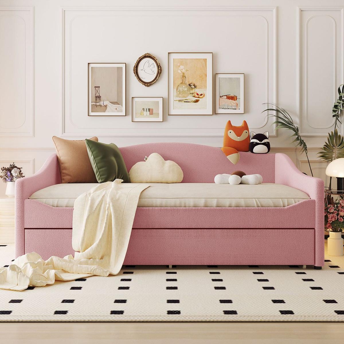 Teddy Fleece Full Size Upholstered Daybed with Light and Trundle, Pink