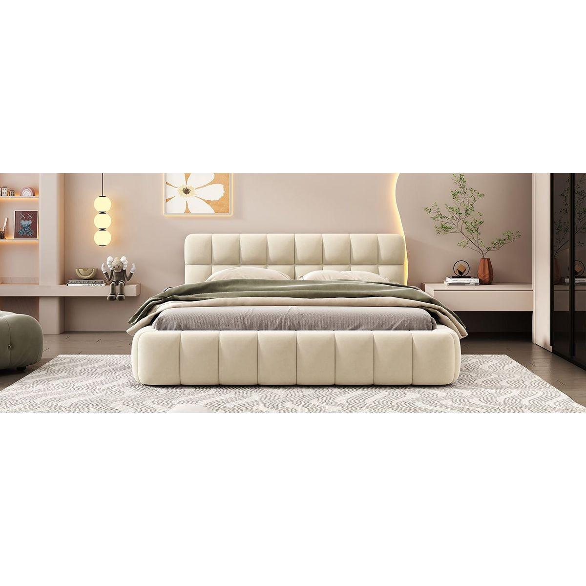 Queen Size Upholstered Platform Bed with Thick Fabric, Grounded Bed with Solid Frame, Beige