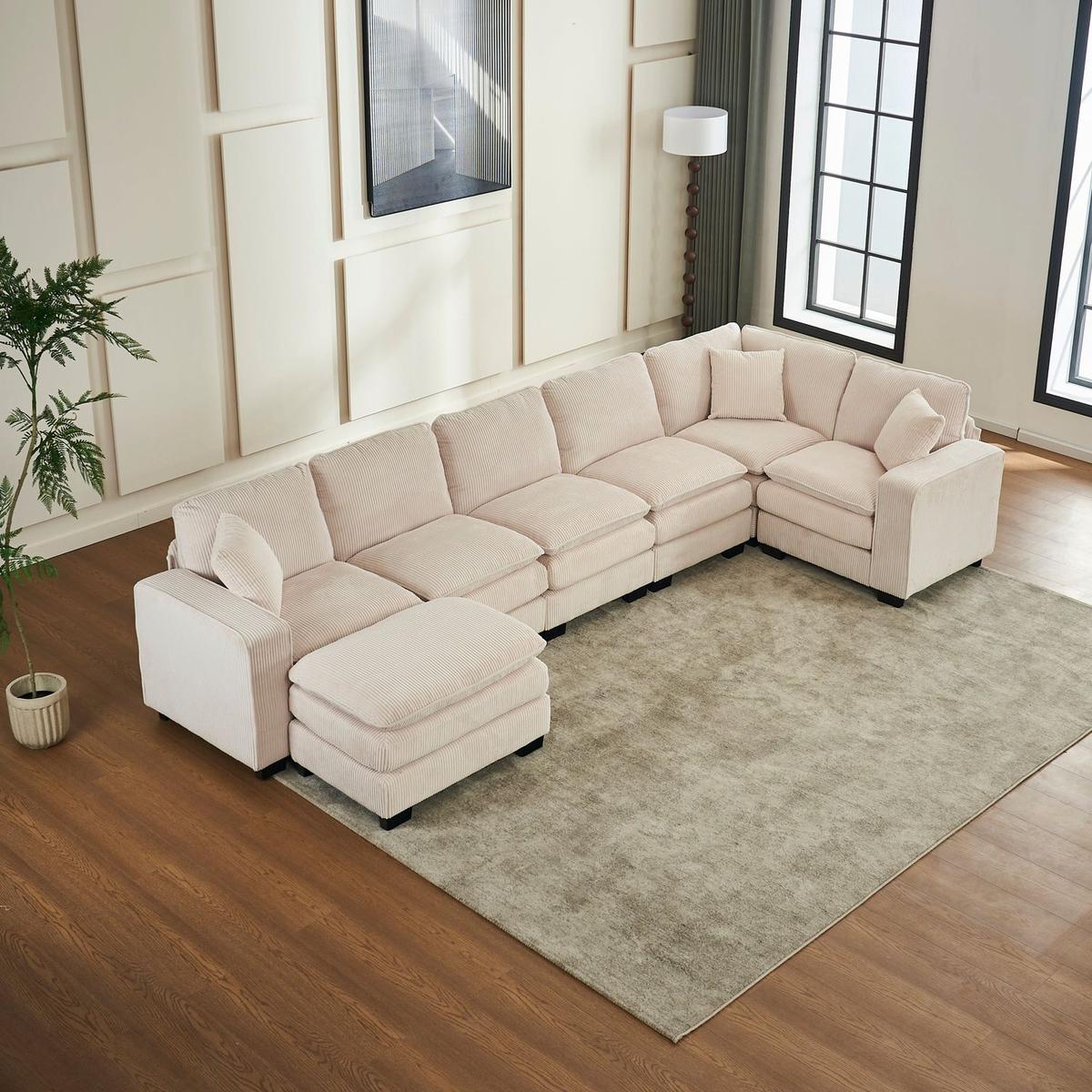 Modern U Shaped 6-seat Sectional Sofa Couch with one Ottoman and three toss pillows, Modular Sofa for Living Room,Corduroy sofa