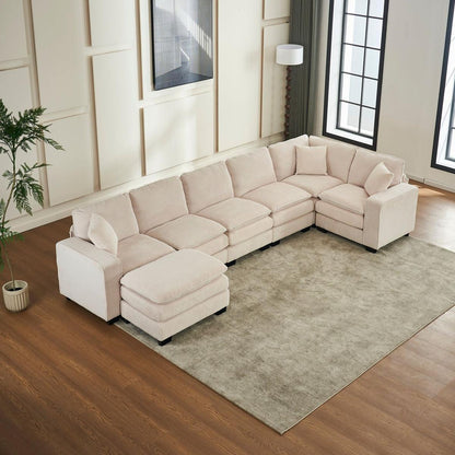 Modern U Shaped 6-seat Sectional Sofa Couch with one Ottoman and three toss pillows, Modular Sofa for Living Room,Corduroy sofa