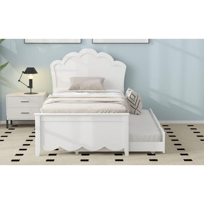 Twin Size Wood Platform Bed with Headboard and Twin Size Trundle, White