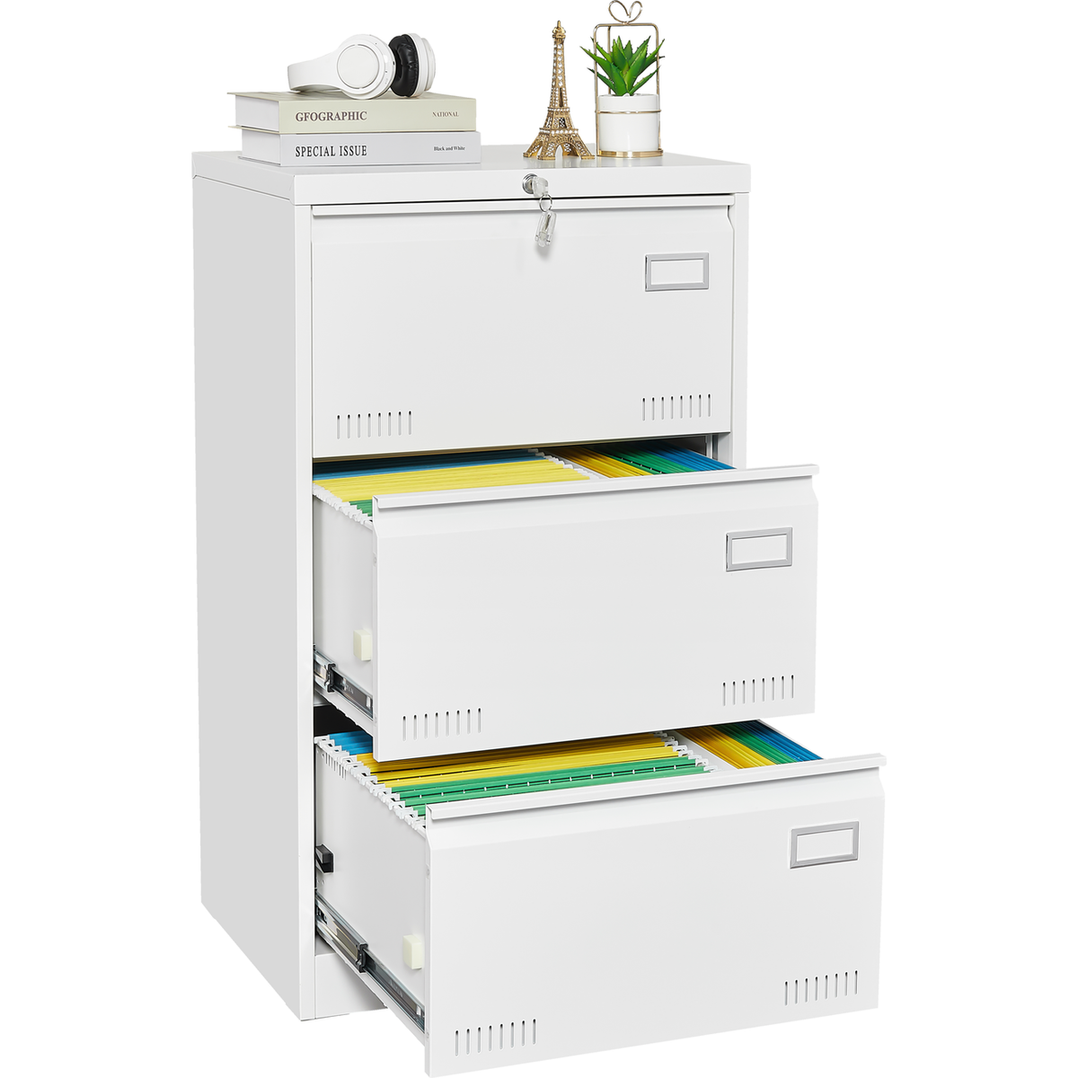 Filing Cabinet Lateral File Cabinet 3 Drawer, White Filing Cabinets with Lock, Locking Metal File Cabinets Three Drawer Office Cabinet for Legal/Letter/A4/F4 Home Offic