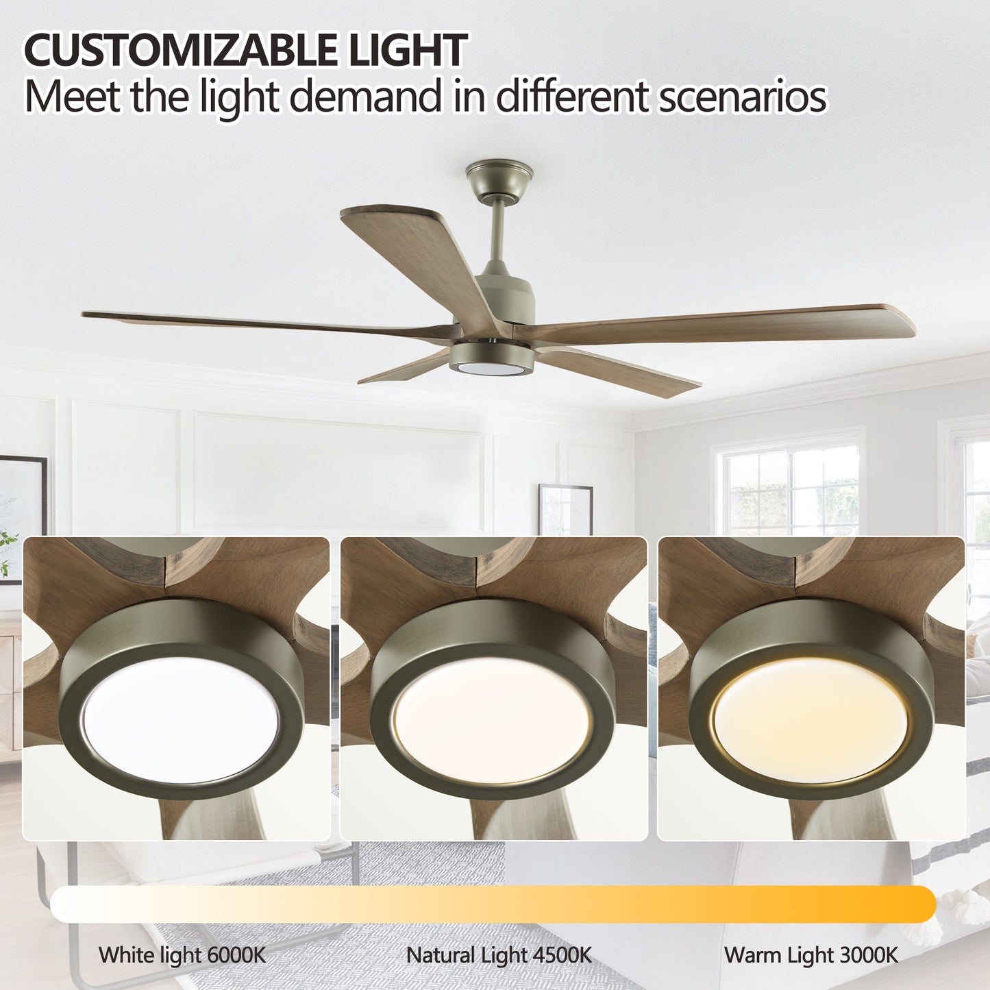 60" Modern Wood Ceiling Fan with Light and Remote Control,6-Speed Noiseless Reversible DC Motor, Ceiling Fan for Kitchen Dining Living Room