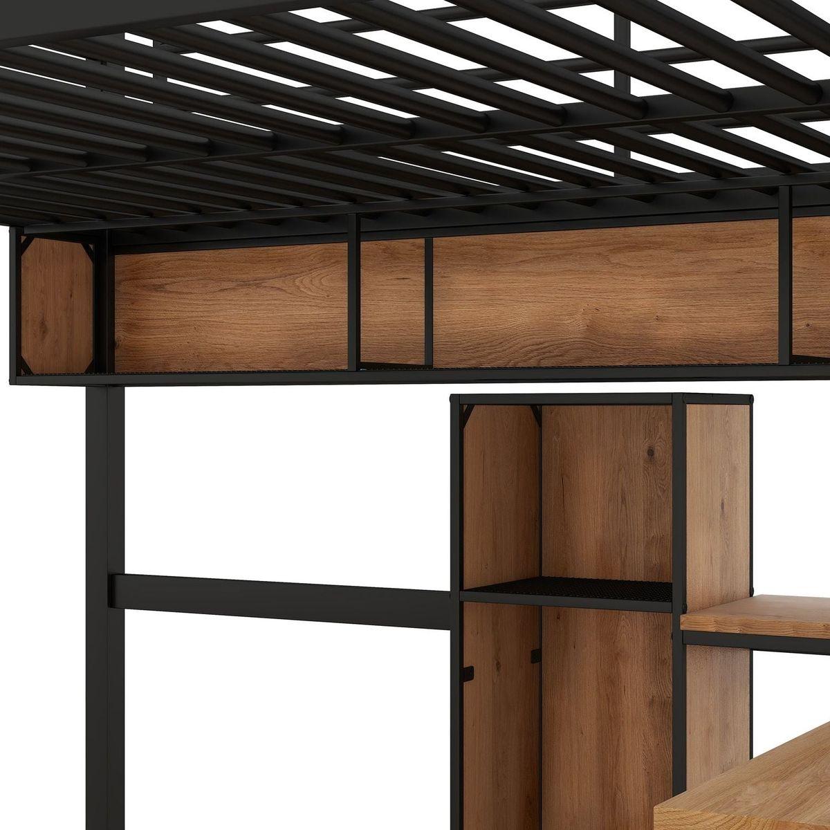Full Size Metal & Wood Loft Bed with L -shaped desk and shelves, Black and Brown