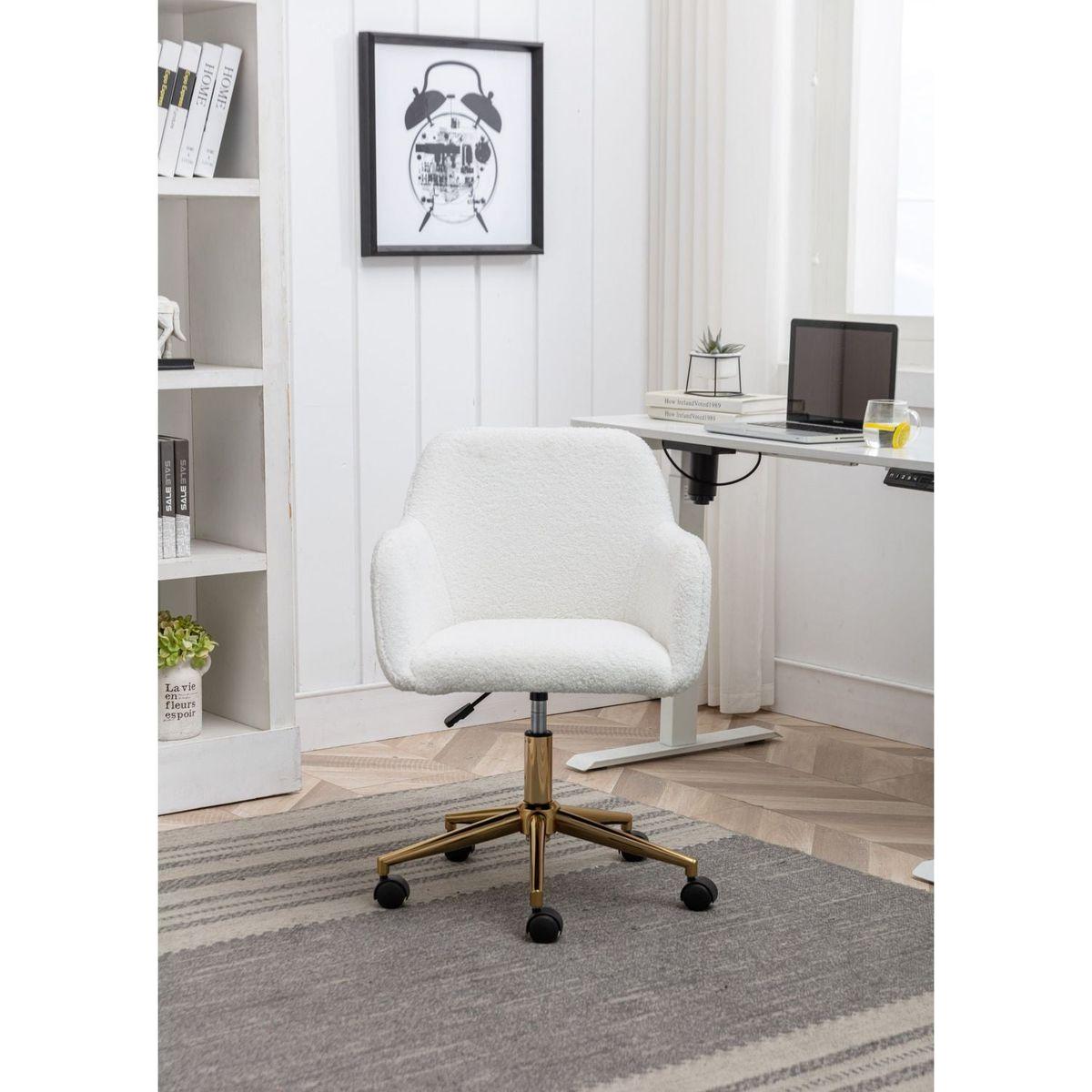 Modern Teddy Fabric Material Adjustable Height 360 Revolving Home Office Chair With Gold Metal Legs And Universal Wheel For Indoor,White