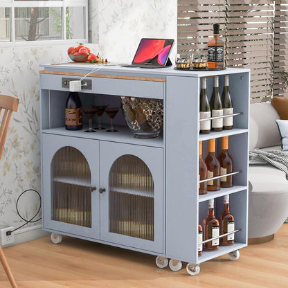 Rolling Kitchen Island With Movable Extended Table, Kitchen Cabinet on Wheels with Power Outlets and 2 Fluted Glass Doors, Kitchen Island with a Storage Compartment and Side 3 Open Shelves, Grey