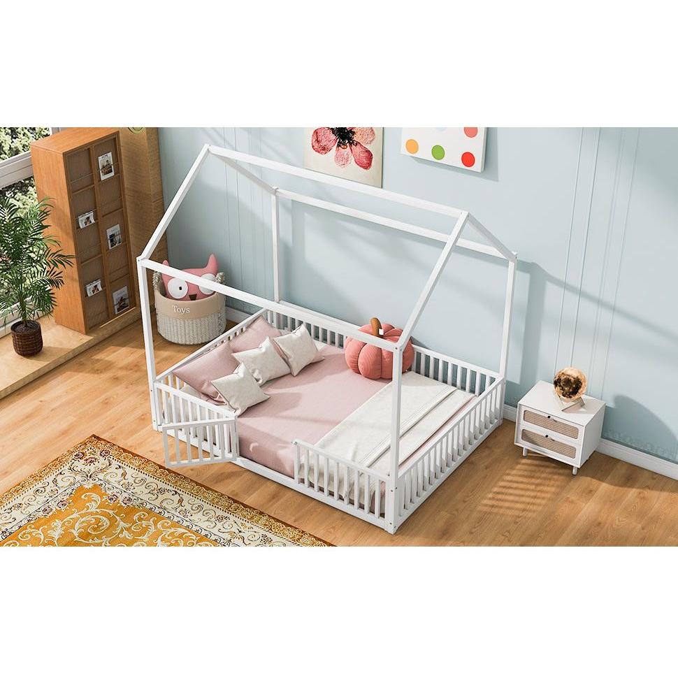Full Size Metal House Bed with Fence and Door, White