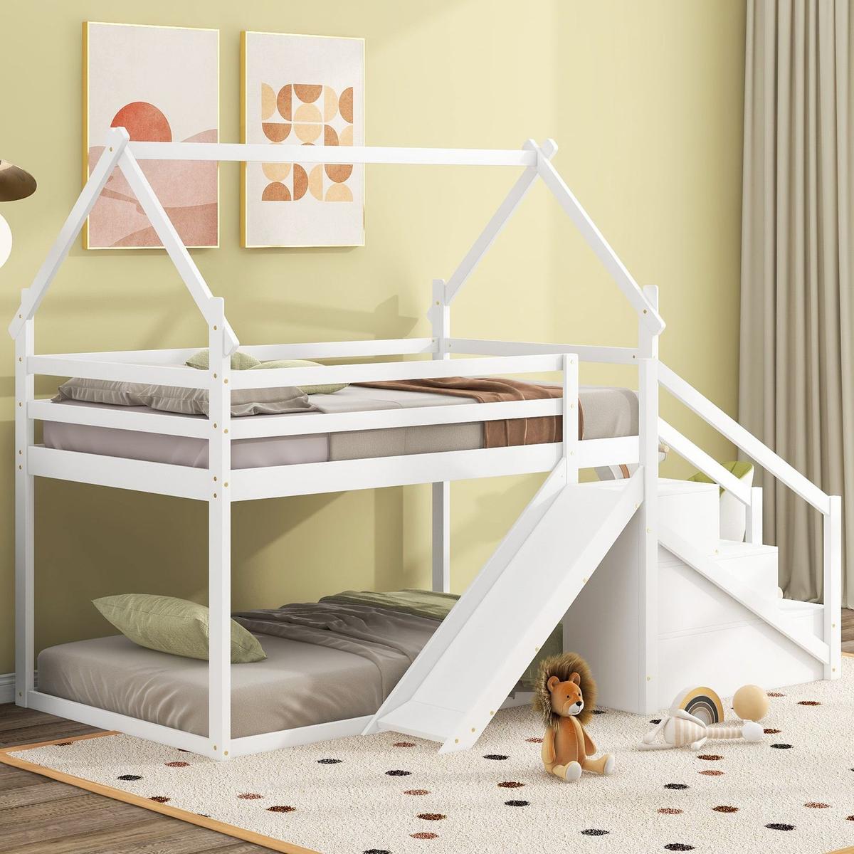 Twin over Twin House Loft or Bunk Bed with Slide and Staircase, White