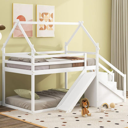 Twin over Twin House Loft or Bunk Bed with Slide and Staircase, White
