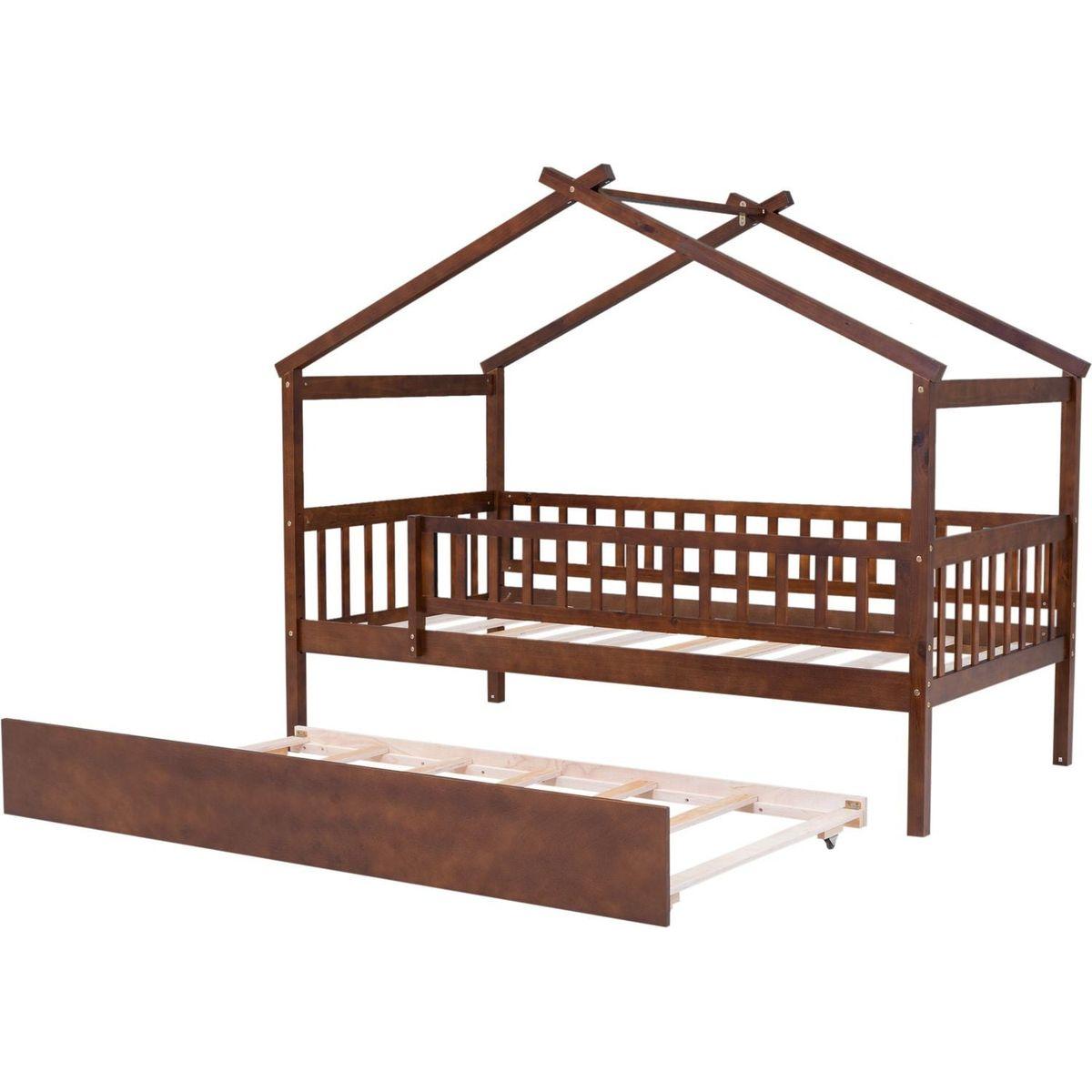 Twin Size Wooden House Bed with Twin Size Trundle, Walnut