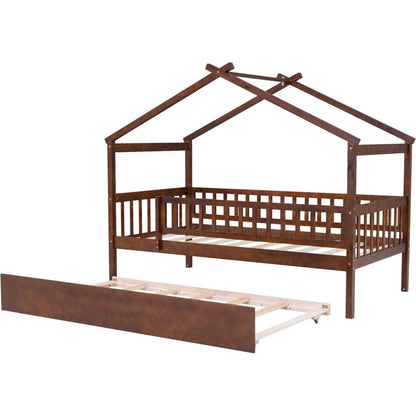 Twin Size Wooden House Bed with Twin Size Trundle, Walnut