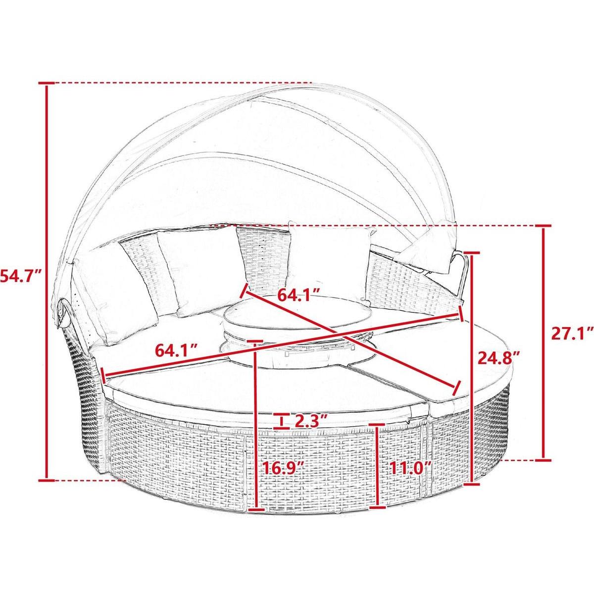 Hot Sale KD Rattan Round Lounge With Canopy Bali Canopy Bed Outdoor, Wicker Outdoor Sofa Bed with lift coffee table