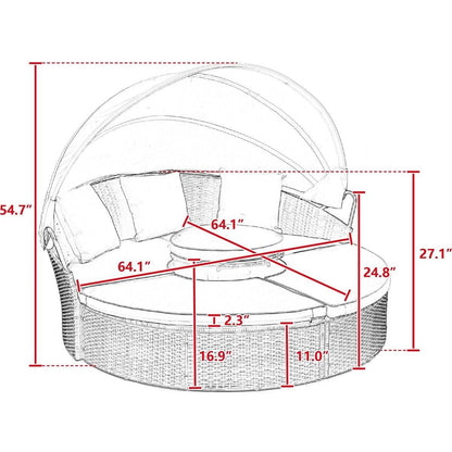 Hot Sale KD Rattan Round Lounge With Canopy Bali Canopy Bed Outdoor, Wicker Outdoor Sofa Bed with lift coffee table