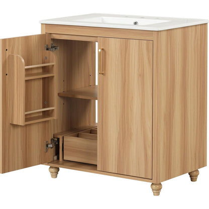 30" Bathroom Vanity with Sink Combo, Multi-functional Bathroom Cabinet with Doors and Drawer, MDF Board, Natural