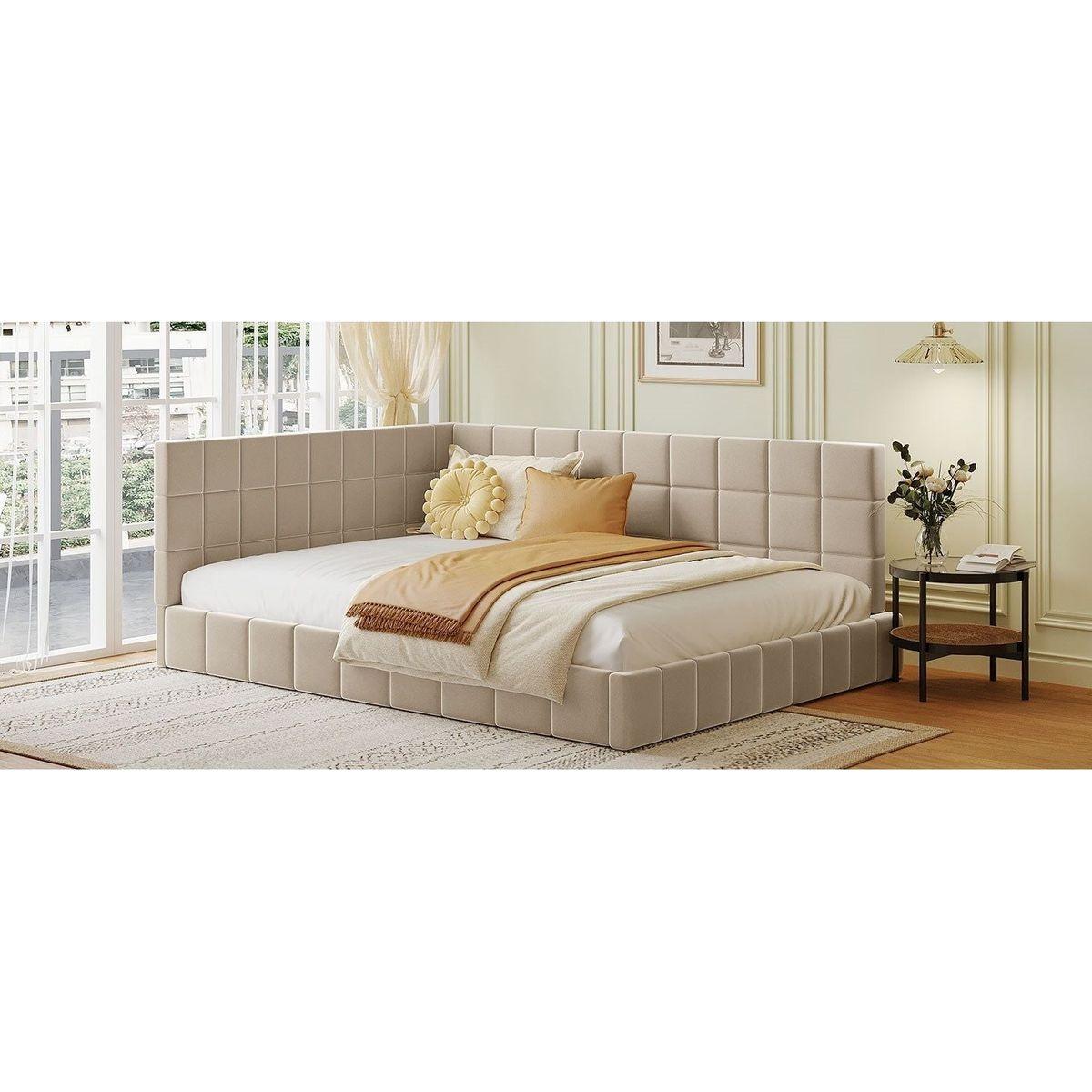 Full Size Upholstered Daybed/Sofa Bed Frame-Beige, Velvet